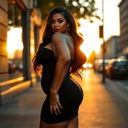 A confident and curvaceous woman with an impressive silhouette, showcasing her big, shapely figure