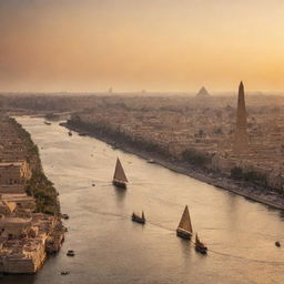 A panoramic view of an ancient Egyptian city at sunset, with grand pyramids, the mighty Nile river, bustling markets, and towering obelisks silhouetted against the warm, glowing sky.