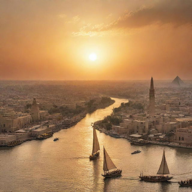 A panoramic view of an ancient Egyptian city at sunset, with grand pyramids, the mighty Nile river, bustling markets, and towering obelisks silhouetted against the warm, glowing sky.