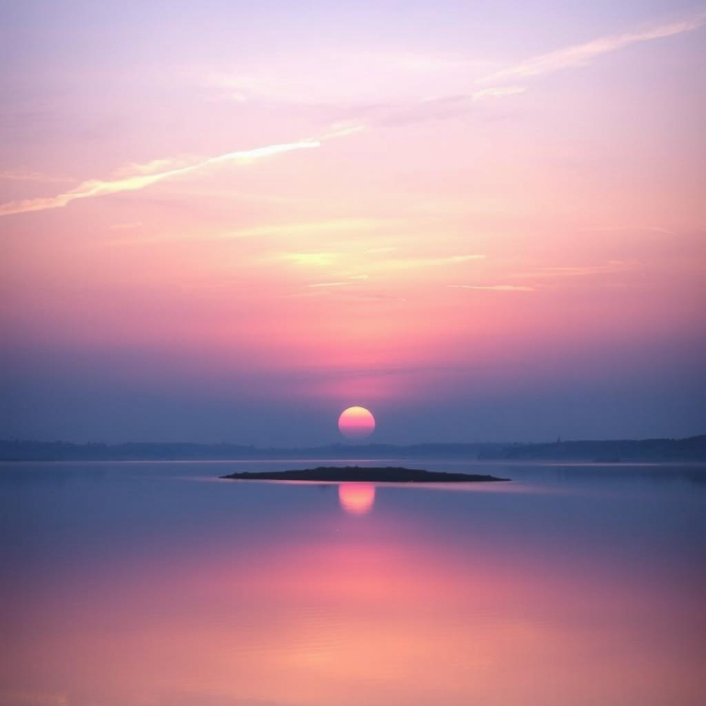 A serene sunset over a small lake, with the sun slowly setting on the horizon