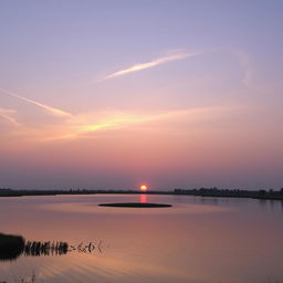 A serene sunset over a small lake, with the sun slowly setting on the horizon