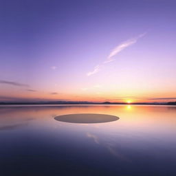 A serene sunset over a small lake, with the sun slowly setting on the horizon