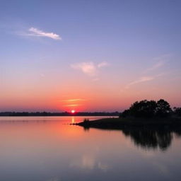 A serene sunset over a small lake, with the sun slowly setting on the horizon