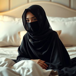 A serene and artistic portrait of a girl wearing a niqab sitting on a beautifully made bed, surrounded by soft, ambient light