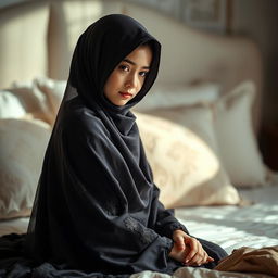 A serene and artistic portrait of a girl wearing a niqab sitting on a beautifully made bed, surrounded by soft, ambient light