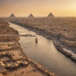 A panoramic view of an ancient Egyptian city at sunset, with grand pyramids, the mighty Nile river, bustling markets, and towering obelisks silhouetted against the warm, glowing sky.