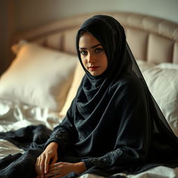 A serene and artistic portrait of a girl wearing a niqab sitting on a beautifully made bed, surrounded by soft, ambient light