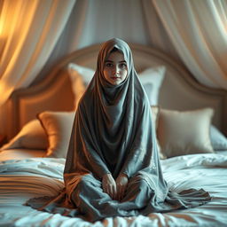 A serene and artistic portrait of a girl wearing a niqab sitting on a beautifully made bed, surrounded by soft, ambient light