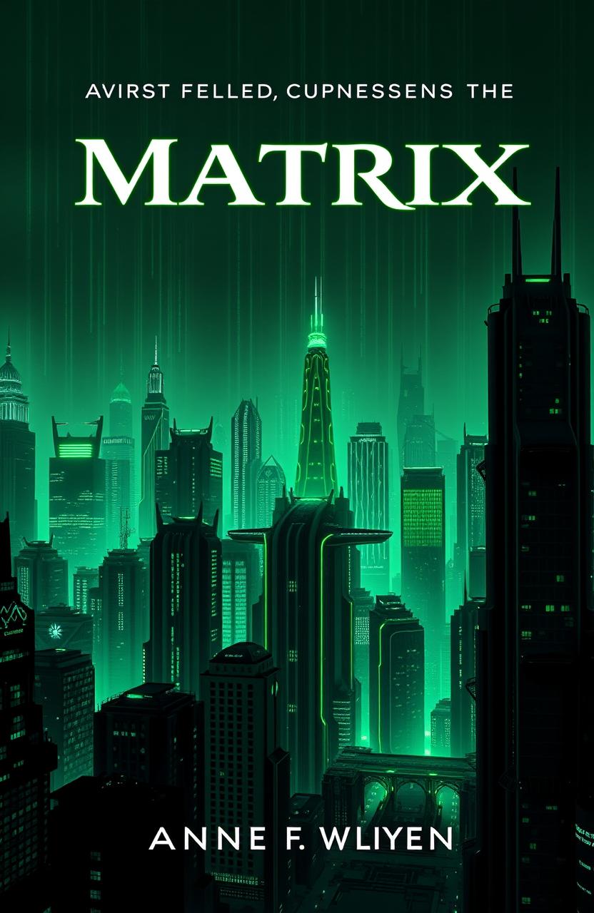 A book cover design for a science-backed nonfiction book featuring a futuristic cityscape inspired by the Matrix movies