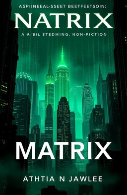 A book cover design for a science-backed nonfiction book featuring a futuristic cityscape inspired by the Matrix movies