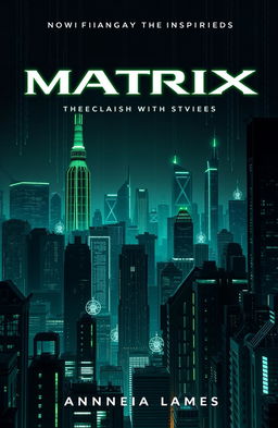 A book cover design for a science-backed nonfiction book featuring a futuristic cityscape inspired by the Matrix movies
