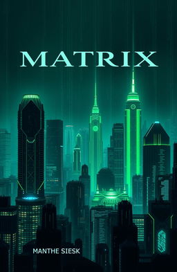 A book cover design for a science-backed nonfiction book featuring a futuristic cityscape inspired by the Matrix movies