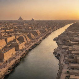 A panoramic view of an ancient Egyptian city at sunset, with grand pyramids, the mighty Nile river, bustling markets, and towering obelisks silhouetted against the warm, glowing sky.