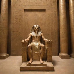 In a resplendent throne room within an ancient Egyptian palace, a living Pharaoh sits on his golden throne, majestic and powerful, surrounded by hieroglyph-covered walls and regal court officials.