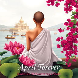 A book cover illustration depicting the back of a tall and slender woman sitting gracefully on the banks of the Ganges river
