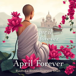 A book cover illustration depicting the back of a tall and slender woman sitting gracefully on the banks of the Ganges river