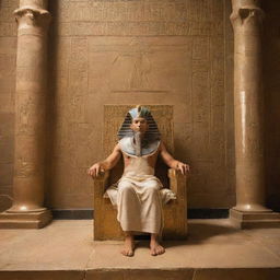 In a resplendent throne room within an ancient Egyptian palace, a living Pharaoh sits on his golden throne, majestic and powerful, surrounded by hieroglyph-covered walls and regal court officials.