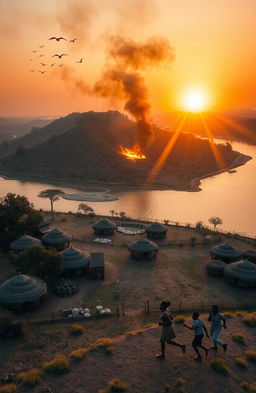 An aerial view of three African villages situated beside a river flowing northward