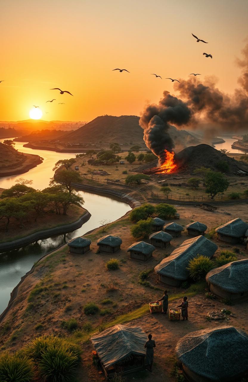 An aerial view of three African villages situated beside a river flowing northward