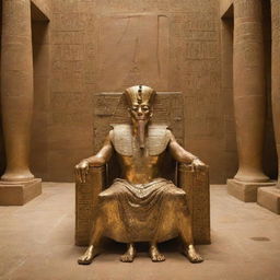 In a resplendent throne room within an ancient Egyptian palace, a living Pharaoh sits on his golden throne, majestic and powerful, surrounded by hieroglyph-covered walls and regal court officials.