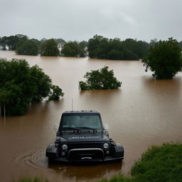 An SUV submerged up to its roof in a flooded river, encapsulating a dramatic image of extreme natural events.