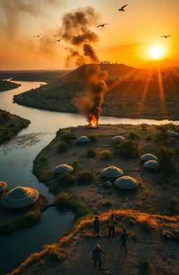 An aerial view of three African villages situated beside a river flowing northward