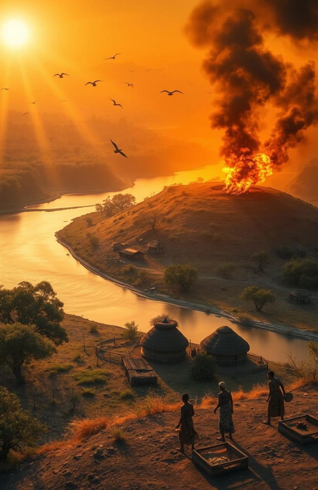 An aerial view of three African villages situated beside a river flowing northward