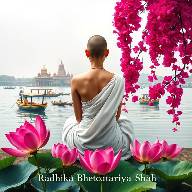 A serene book cover featuring the back of a tall and slender woman with a tonsured head, dressed in a flowing white sari