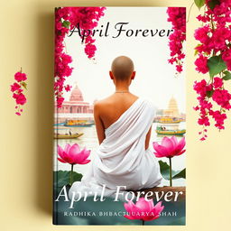 A serene book cover featuring the back of a tall and slender woman with a tonsured head, dressed in a flowing white sari