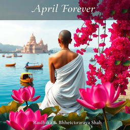 A serene book cover featuring the back of a tall and slender woman with a tonsured head, dressed in a flowing white sari