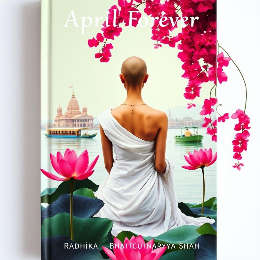 A serene book cover featuring the back of a tall and slender woman with a tonsured head, dressed in a flowing white sari