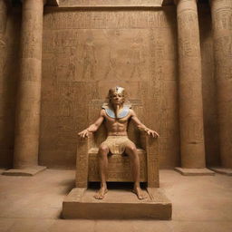 In a resplendent throne room within an ancient Egyptian palace, a living Pharaoh sits on his golden throne, majestic and powerful, surrounded by hieroglyph-covered walls and regal court officials.