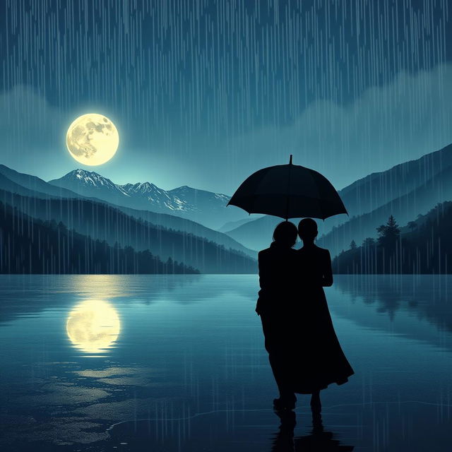 A romantic scene depicting a long-distance love story set on a rainy night, featuring two black individuals walking together under one umbrella