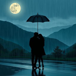 A romantic scene depicting a long-distance love story set on a rainy night, featuring two black individuals walking together under one umbrella