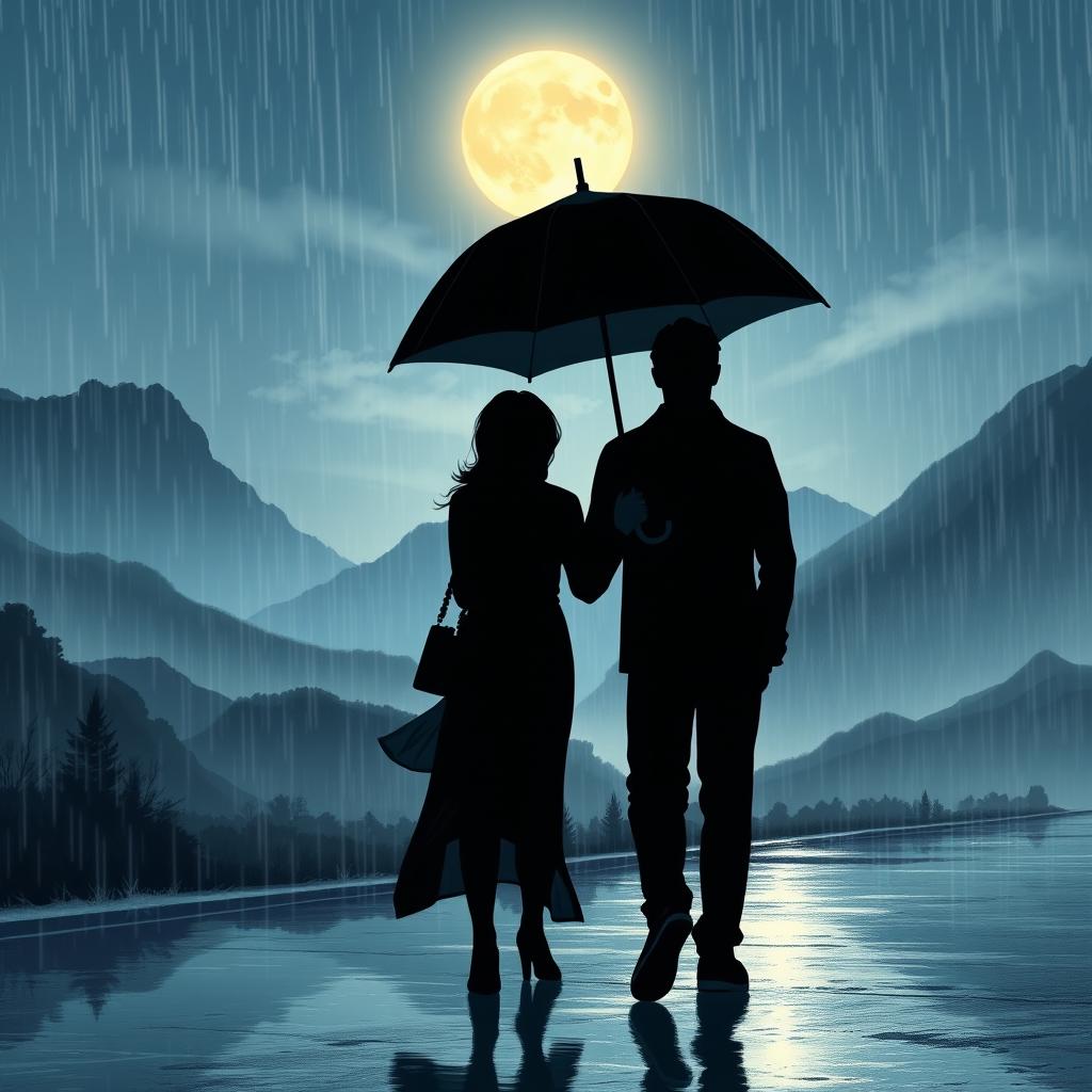 A romantic scene depicting a long-distance love story set on a rainy night, featuring two black individuals walking together under one umbrella