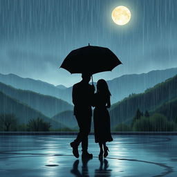 A romantic scene depicting a long-distance love story set on a rainy night, featuring two black individuals walking together under one umbrella