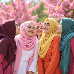 A beautiful scene featuring four young women wearing vibrant hijabs in various colors, passionately engaged in playful kisses on the cheeks