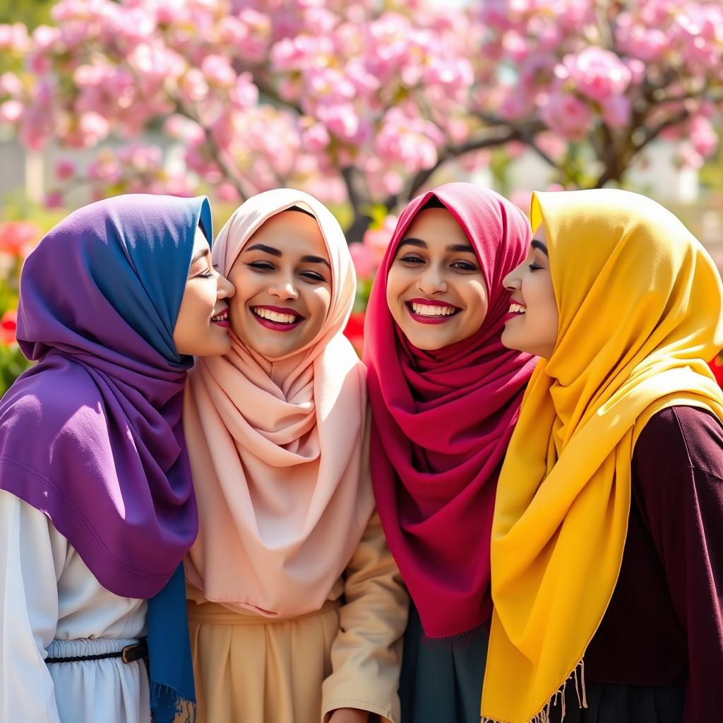 A beautiful scene featuring four young women wearing vibrant hijabs in various colors, passionately engaged in playful kisses on the cheeks