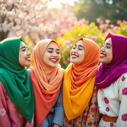 A beautiful scene featuring four young women wearing vibrant hijabs in various colors, passionately engaged in playful kisses on the cheeks