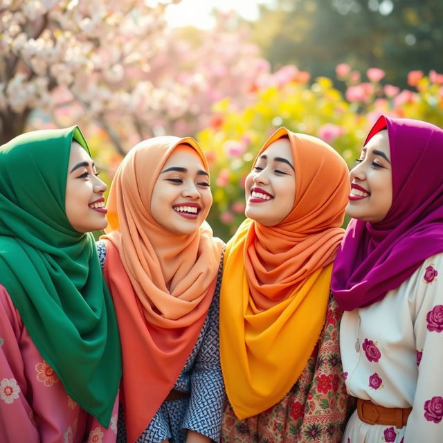 A beautiful scene featuring four young women wearing vibrant hijabs in various colors, passionately engaged in playful kisses on the cheeks