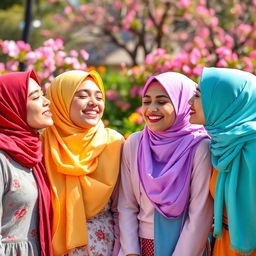 A beautiful scene featuring four young women wearing vibrant hijabs in various colors, passionately engaged in playful kisses on the cheeks