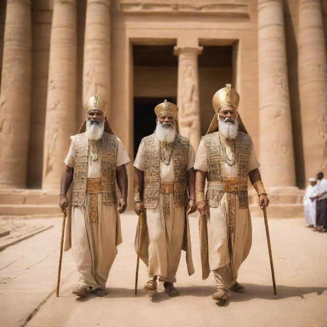 Prophets Moses and Aaron entering the grand courts of Pharaoh in ancient Egypt, adorned in traditional attire, carrying staffs, with a divine aura of peace and wisdom radiating from them.