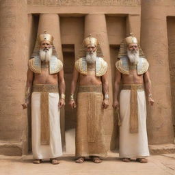 Prophets Moses and Aaron entering the grand courts of Pharaoh in ancient Egypt, adorned in traditional attire, carrying staffs, with a divine aura of peace and wisdom radiating from them.