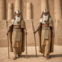 Prophets Moses and Aaron entering the grand courts of Pharaoh in ancient Egypt, adorned in traditional attire, carrying staffs, with a divine aura of peace and wisdom radiating from them.