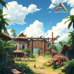 A vibrant and detailed illustration of a parkour-style construction environment in the mobile game ARK: Survival Evolved
