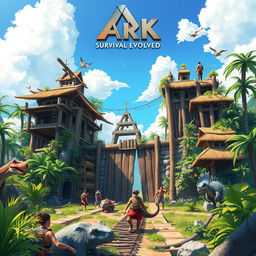 A vibrant and detailed illustration of a parkour-style construction environment in the mobile game ARK: Survival Evolved