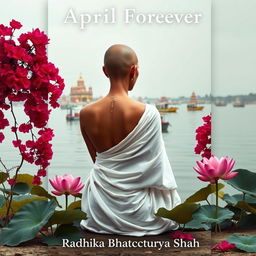 A mesmerizing book cover featuring the back view of a real looking slim woman with a slender neck, sitting gracefully on the banks of the Ganges River