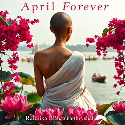 A mesmerizing book cover featuring the back view of a real looking slim woman with a slender neck, sitting gracefully on the banks of the Ganges River