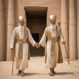 Prophets Moses and Aaron entering the grand courts of Pharaoh in ancient Egypt, adorned in traditional attire, carrying staffs, with a divine aura of peace and wisdom radiating from them.