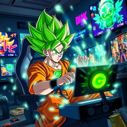 A dynamic scene featuring Goku in his Super Saiyan Green transformation, intensely focused while playing video games